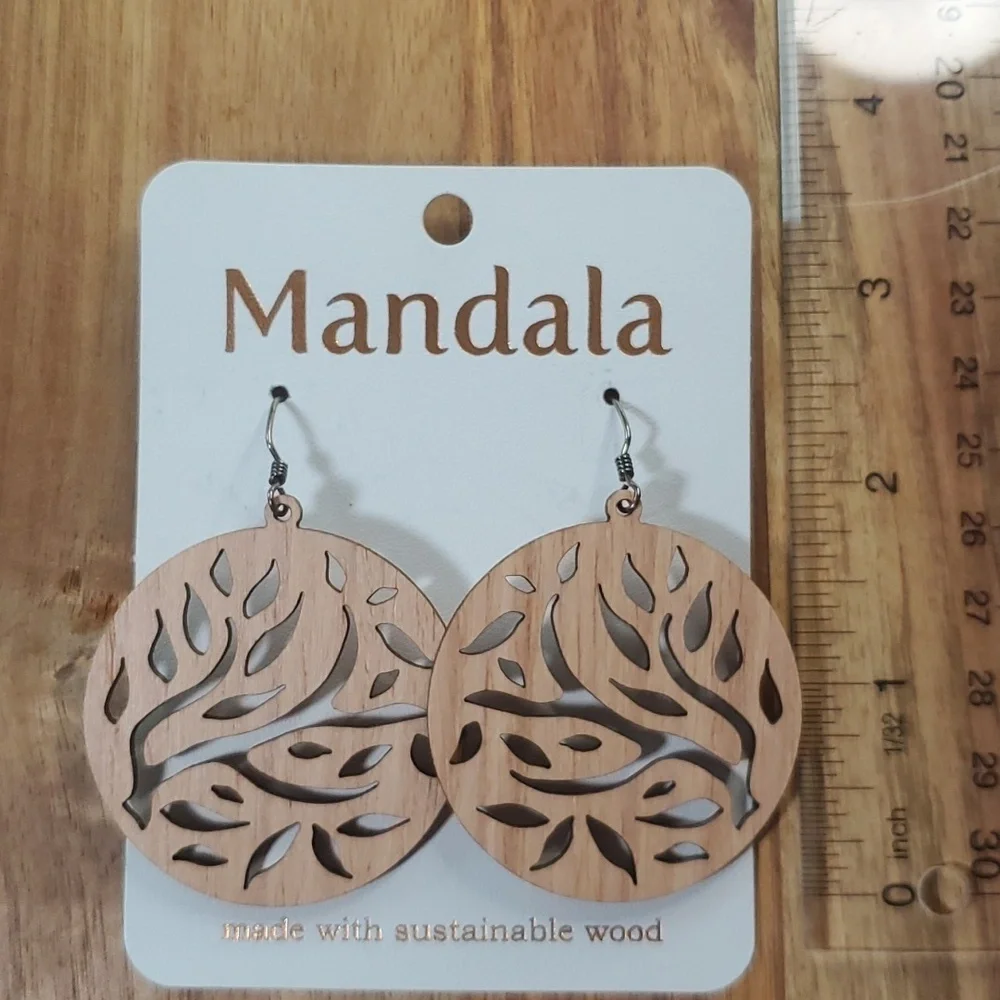 MANDALA Laser Cut Light Wood LG. Earrings Sterling Siver Bohemian Leaf NWT